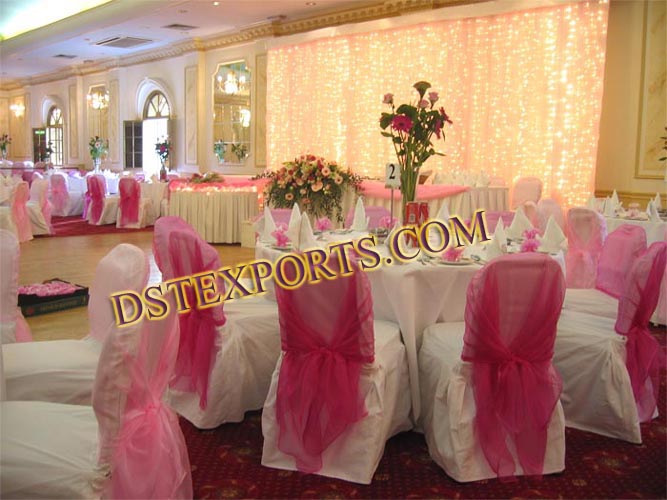 DESIGNER WEDDING HALL CHAIR COVERS WITH SASHAS