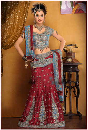 BRIDAL NEW MAROON BLUE  LEHENGA CHOLI