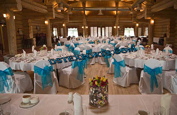 WEDDING CHAIR COVER WITH BLUE SASHAS