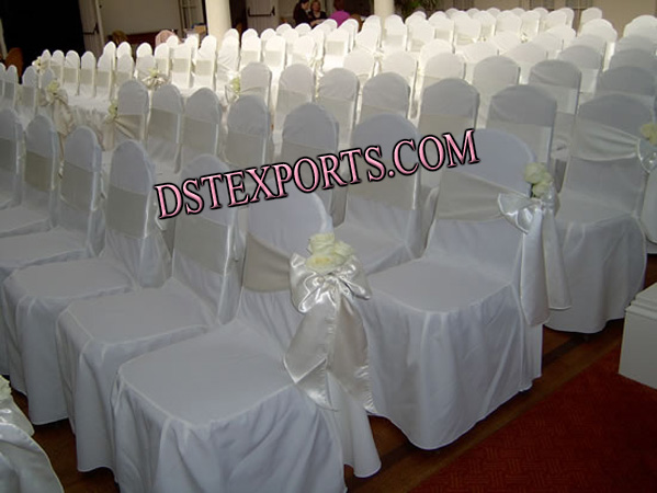 WEDDING WHITE CHAIR COVER WITH SATIN SASHAS