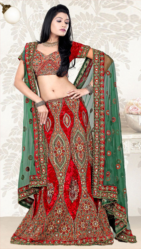 WEDDING RED GREEN PARTYWEAR LEHENGA