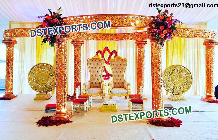 Round Fiber Golden Carved Mandap