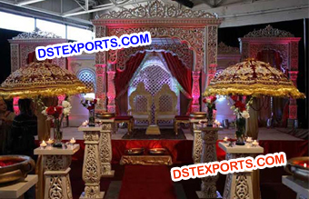 Wedding Golden Carved Mandap With Aisle Pillar