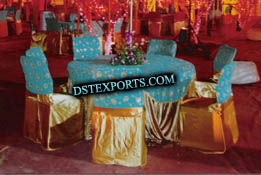 WEDDING GOLDEN CHAIR WITH SKYBLUE SASHE