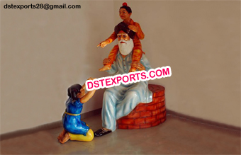 Punjabi Old Man with Fiber Kids Statue