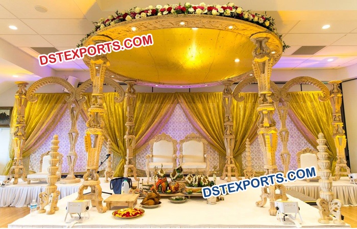 Golden Hand Carved Wooden Mandap